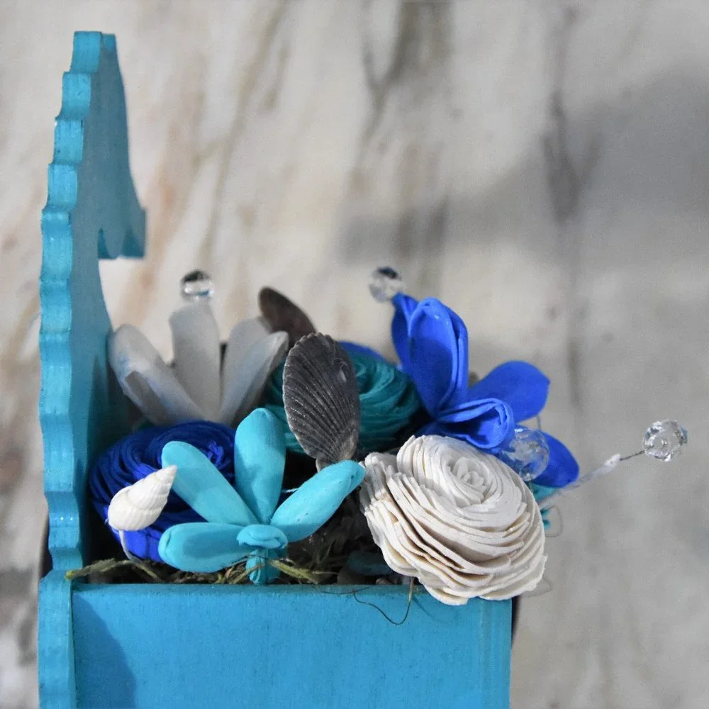 Ocean/Beach theme wall hanging seahorse planter with Sola wood flowers in ocean